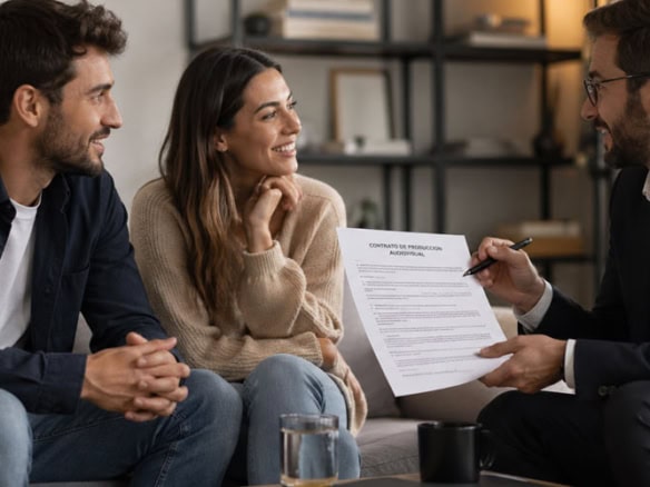 Profesional audiovisual explicando el contrato a una pareja en el salón de su casa