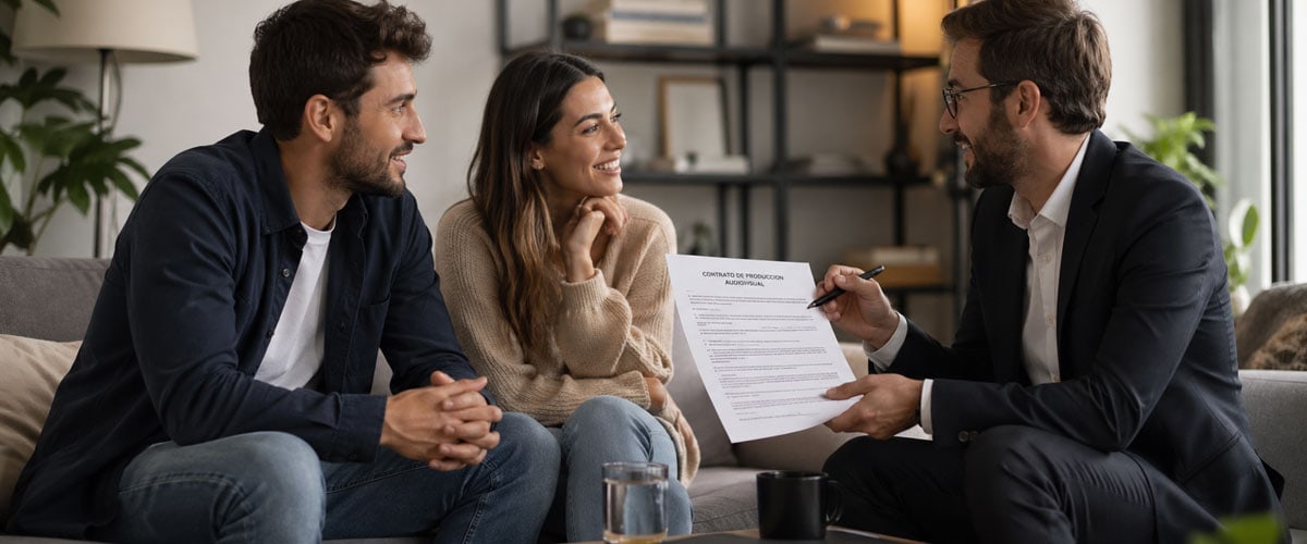 Profesional audiovisual explicando el contrato a una pareja en el salón de su casa