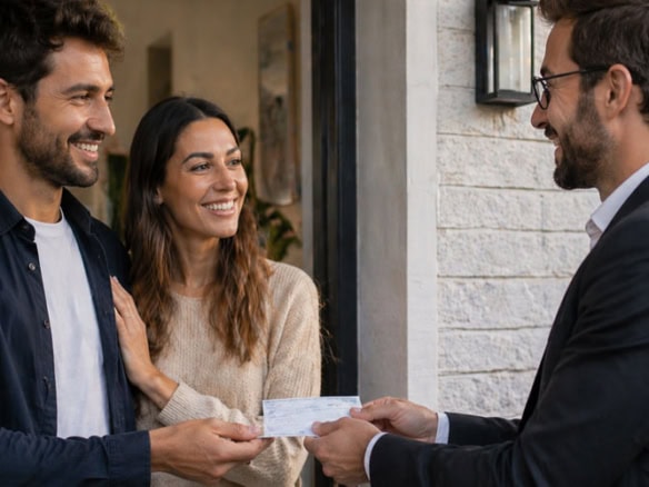 Productor audiovisual entregando un cheque a los propietarios