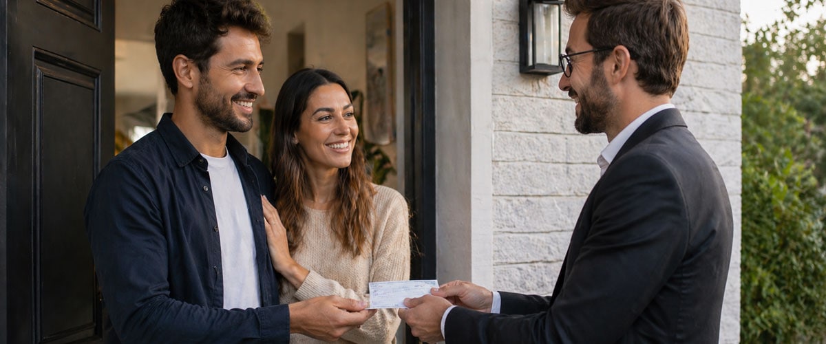 Productor audiovisual entregando un cheque a los propietarios