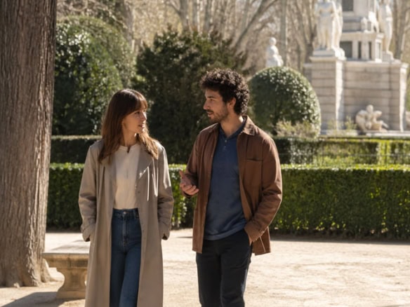 Escena de rodaje de una pareja en le Retiro de Madrid